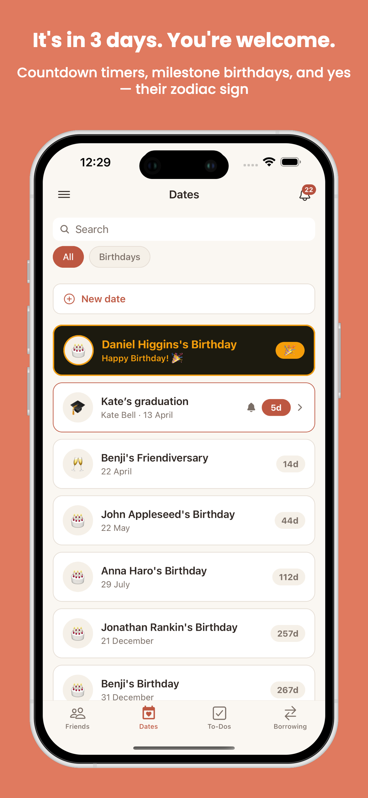 Dates screen showing birthday countdowns, friendiversaries, and upcoming events
